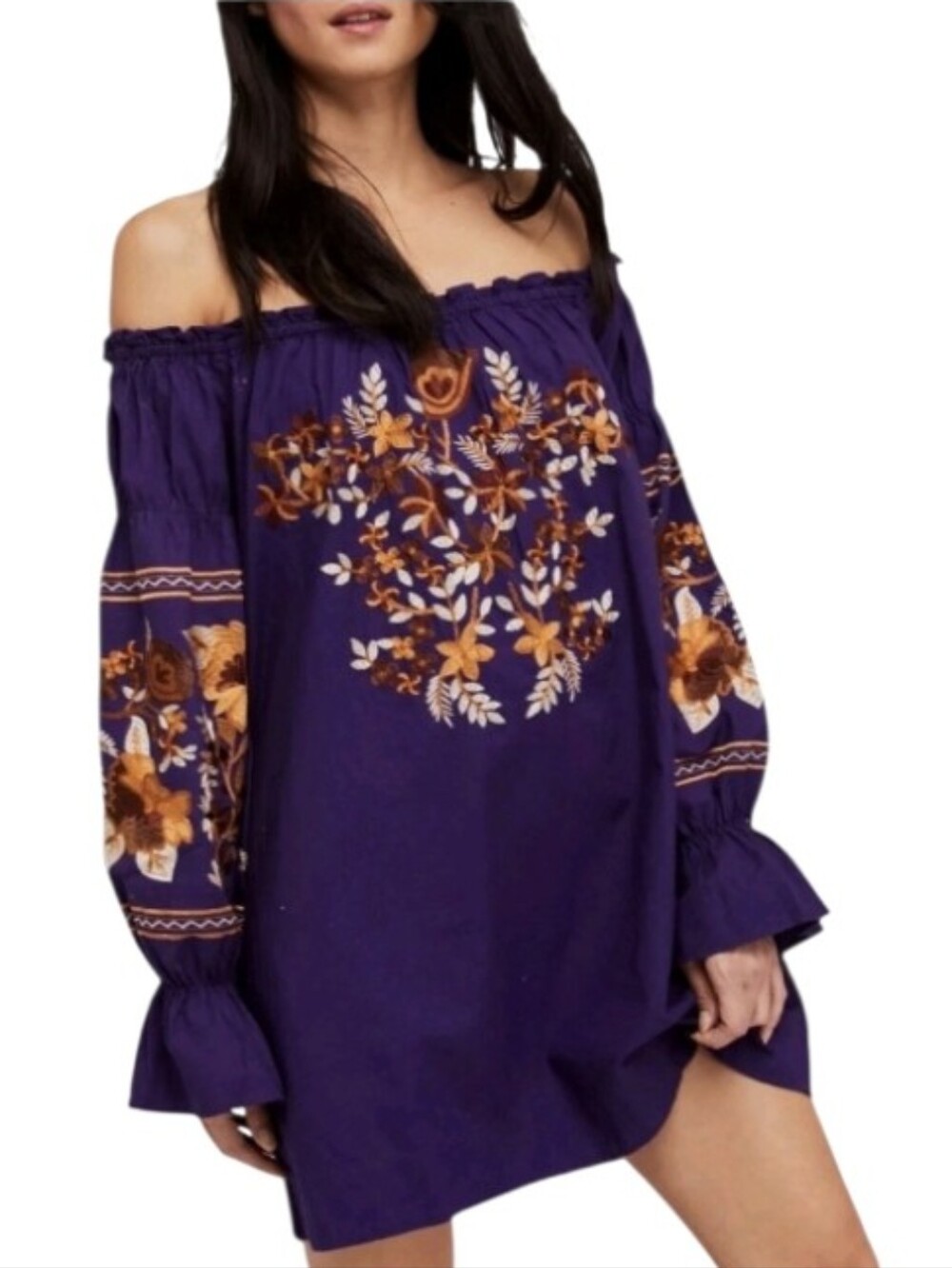 Free People Purple Off-Shoulder Embroidered Long Sleeve Mini Dress